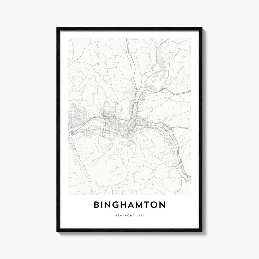 Binghamton black & white map poster of New York, USA – vertical wall art, unframed print shown in interior mockup