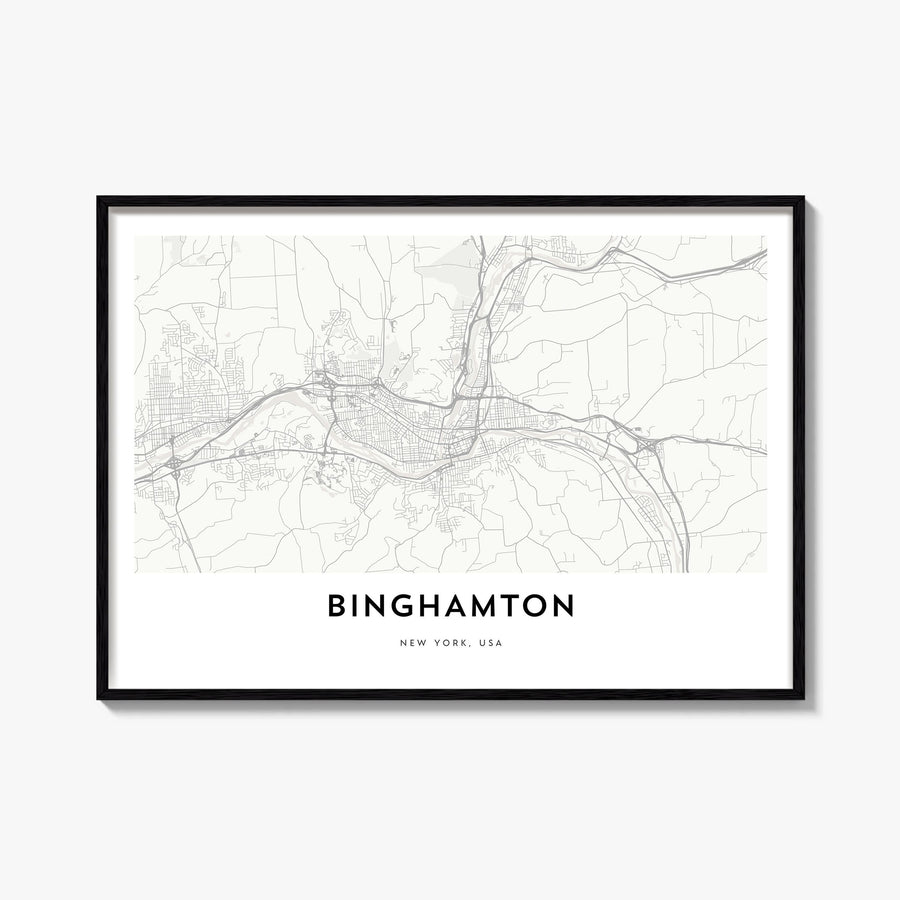 Binghamton black & white map poster of New York, USA – horizontal wall art, unframed print shown in interior mockup