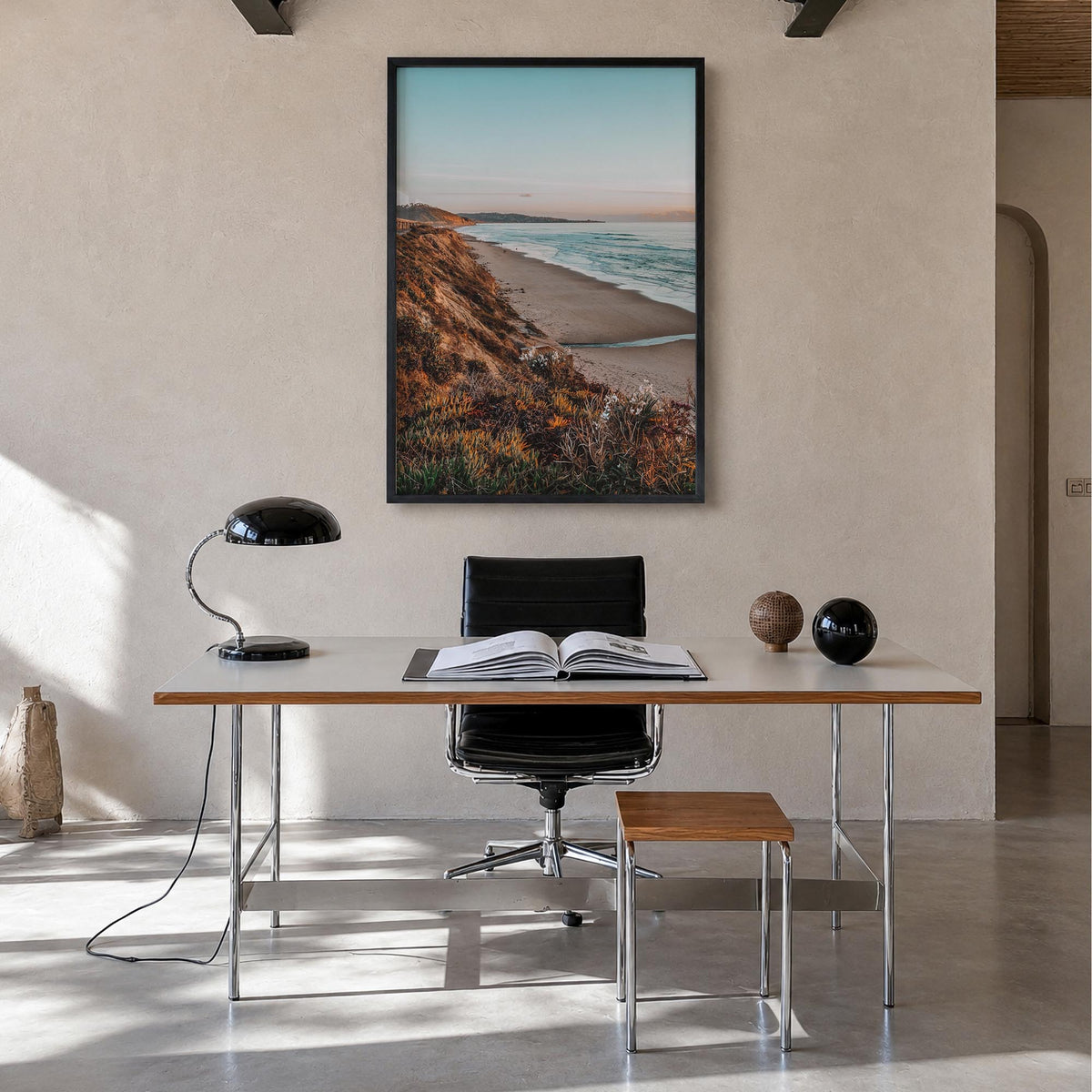 Bird Rock colorful photo poster of San Diego, California – vertical wall art in black wood frame, hanging on wall