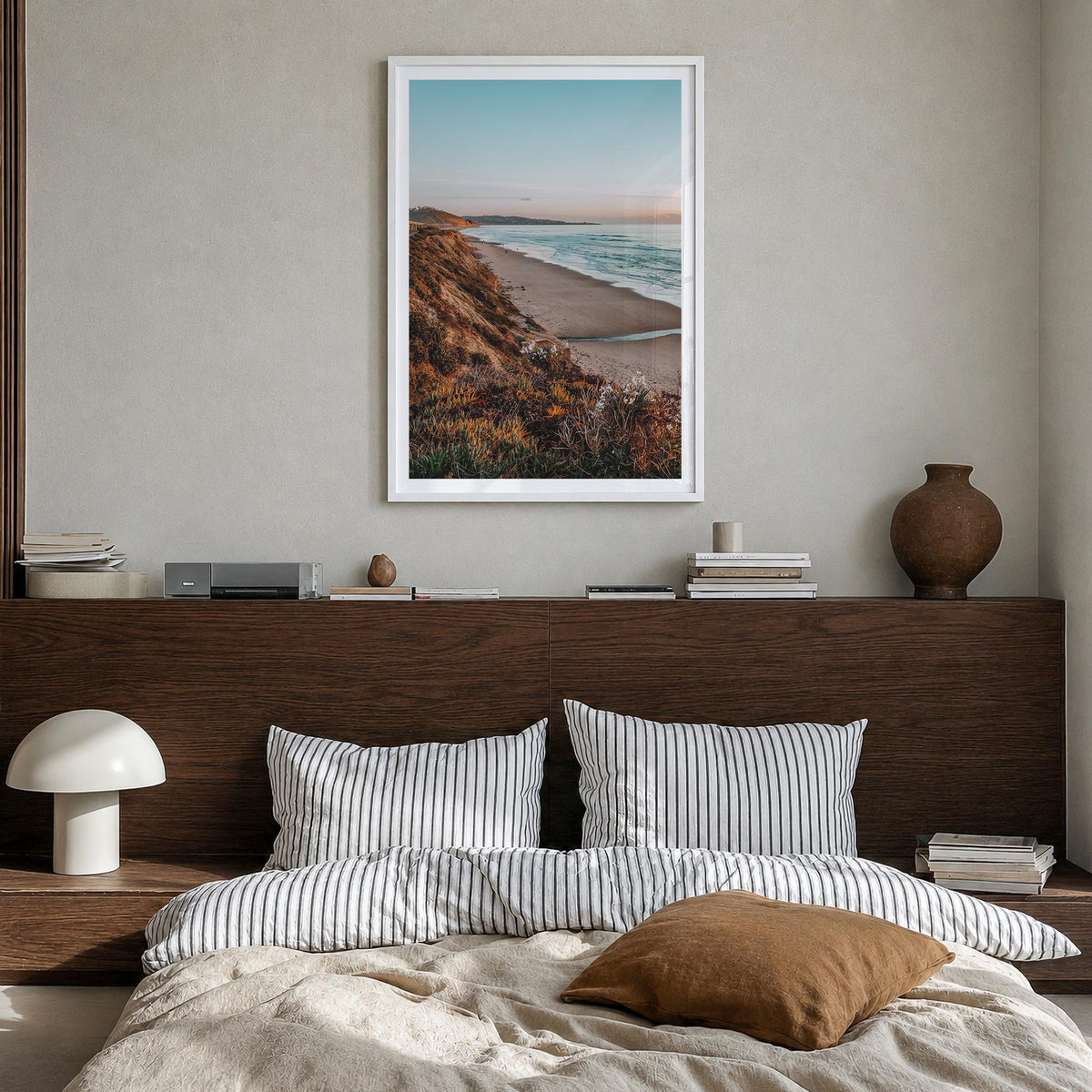Bird Rock colorful photo poster of San Diego, California – vertical wall art in white wood frame with white border, hanging o
