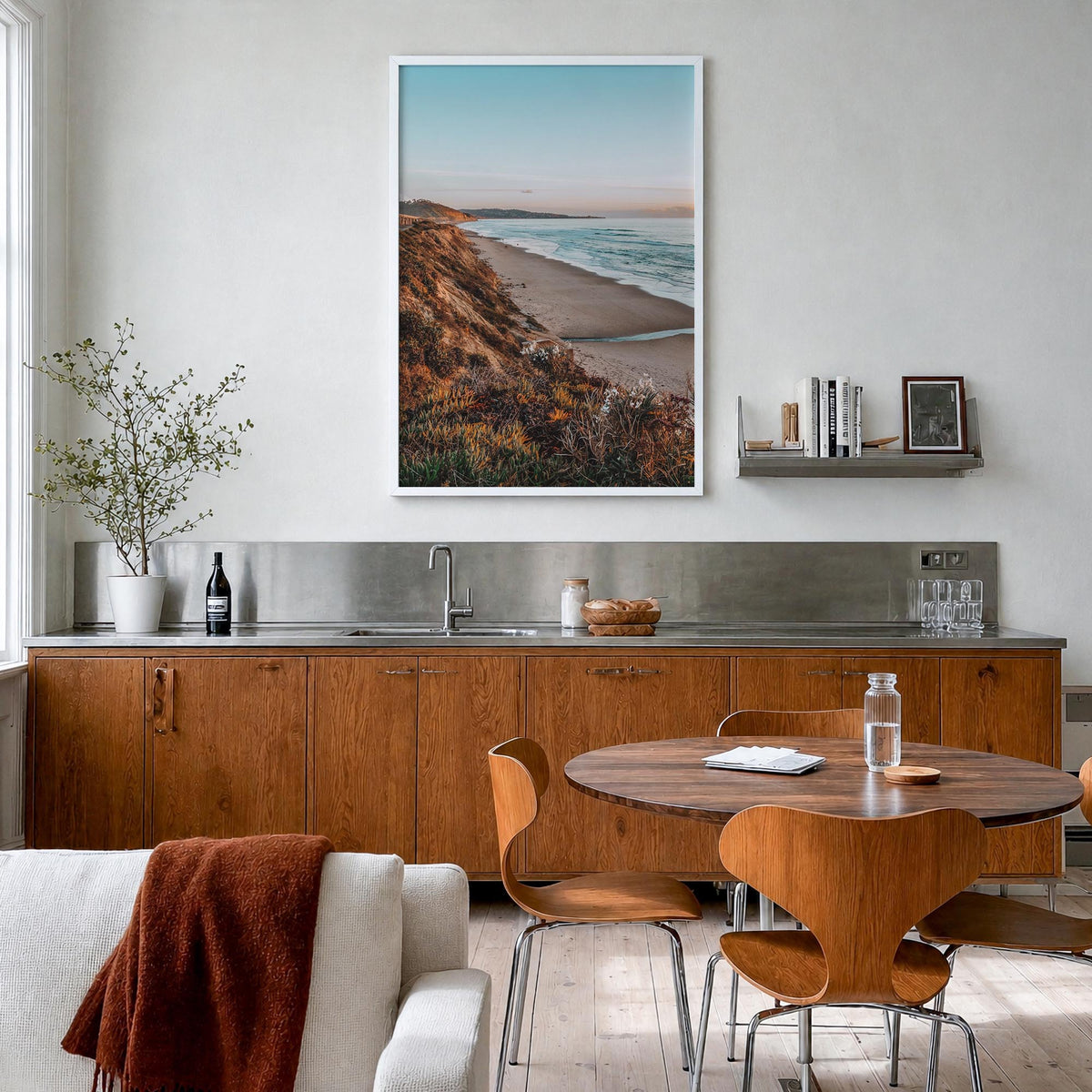 Bird Rock colorful photo poster of San Diego, California – vertical wall art in white wood frame, hanging on wall