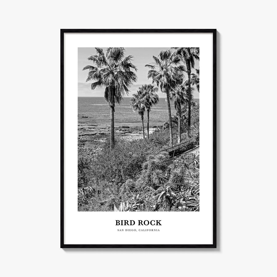 Bird Rock no. 1 black & white classic poster of San Diego, California – vertical wall art, unframed print shown in interior m