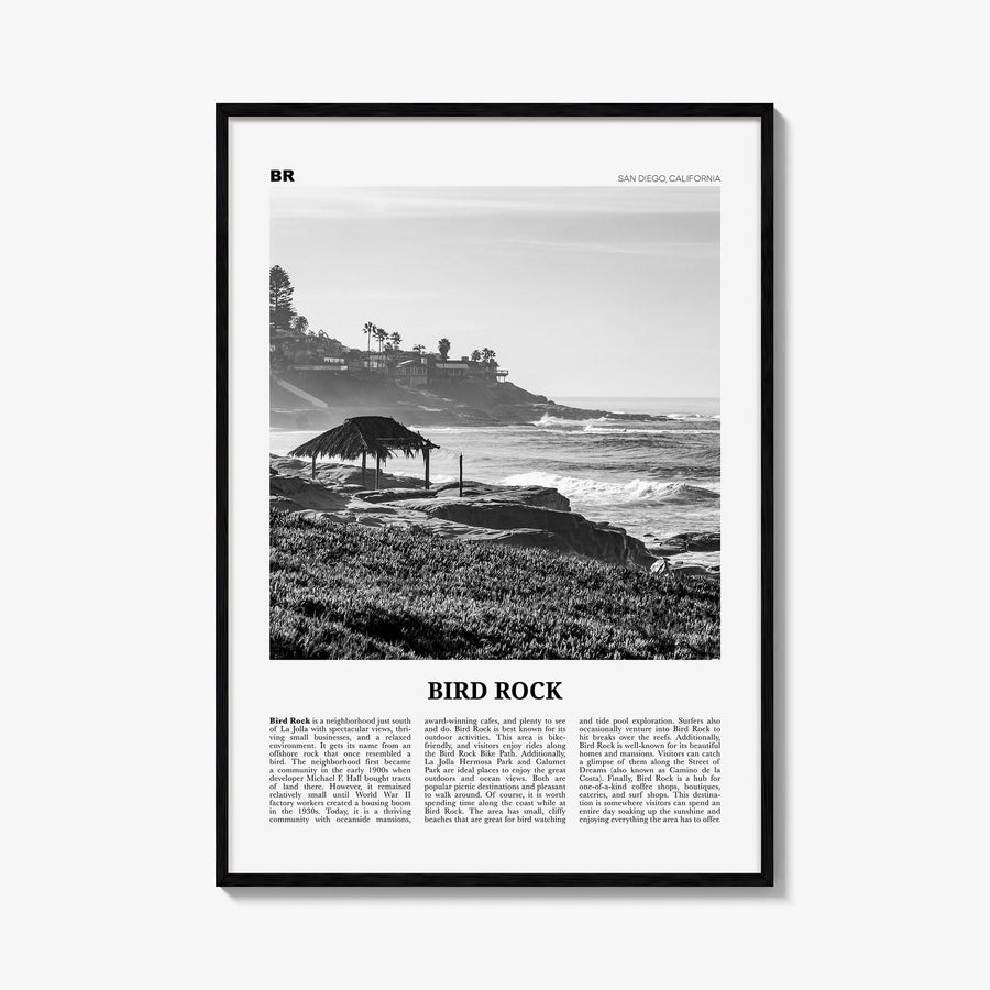 Bird Rock no. 1 black & white newspaper poster of San Diego, California – vertical wall art, unframed print shown in interior