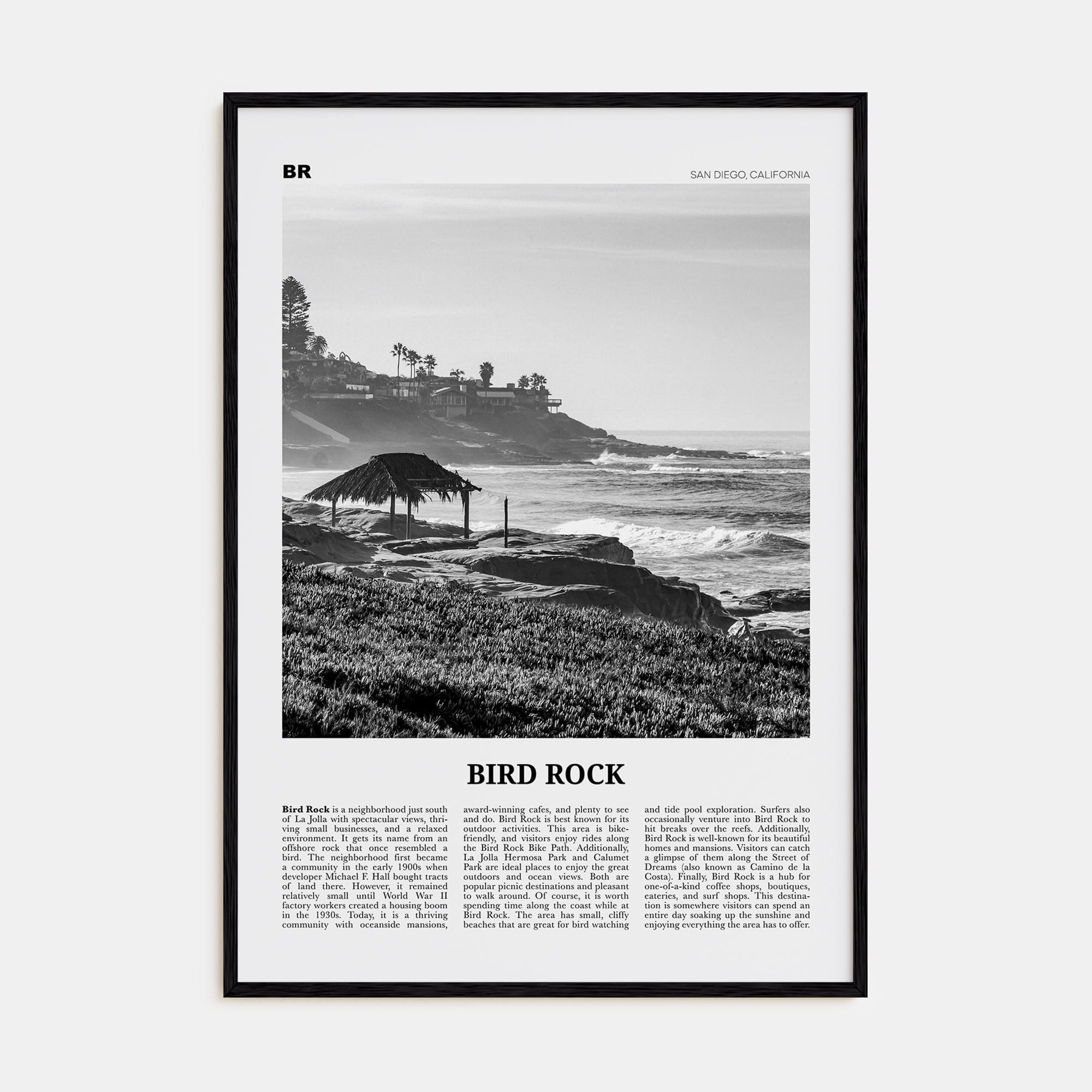 Bird Rock No 1 Poster Black Wood / 8x12 in Nbourhood Travel B&W Poster