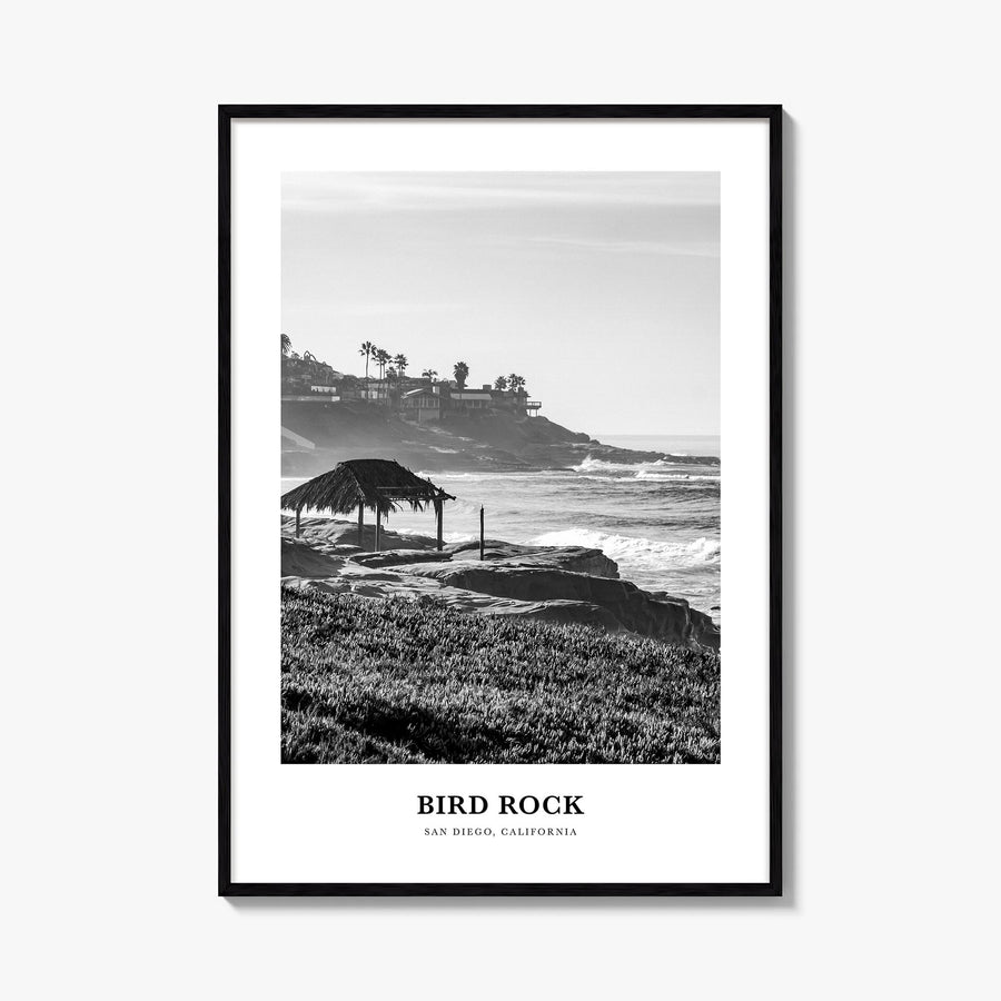 Bird Rock no. 2 black & white classic poster of San Diego, California – vertical wall art, unframed print shown in interior m