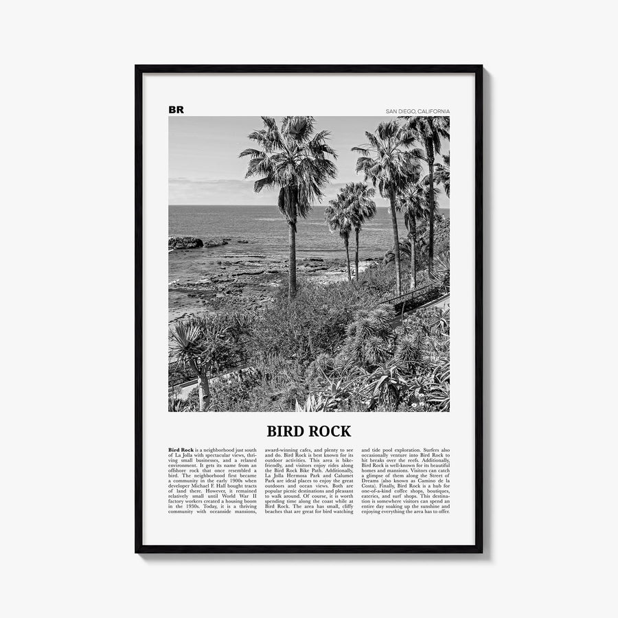 Bird Rock no. 2 black & white newspaper poster of San Diego, California – vertical wall art, unframed print shown in interior