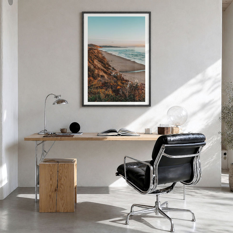 Bird Rock Photo Poster in a black wood frame, hanging in a bright home office, white border