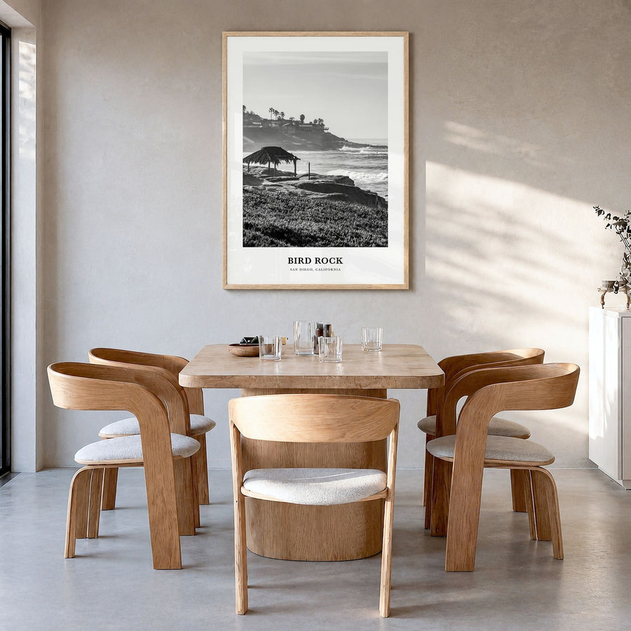 Bird Rock Classic No 2 Poster in a natural wood frame, hanging in a dining room