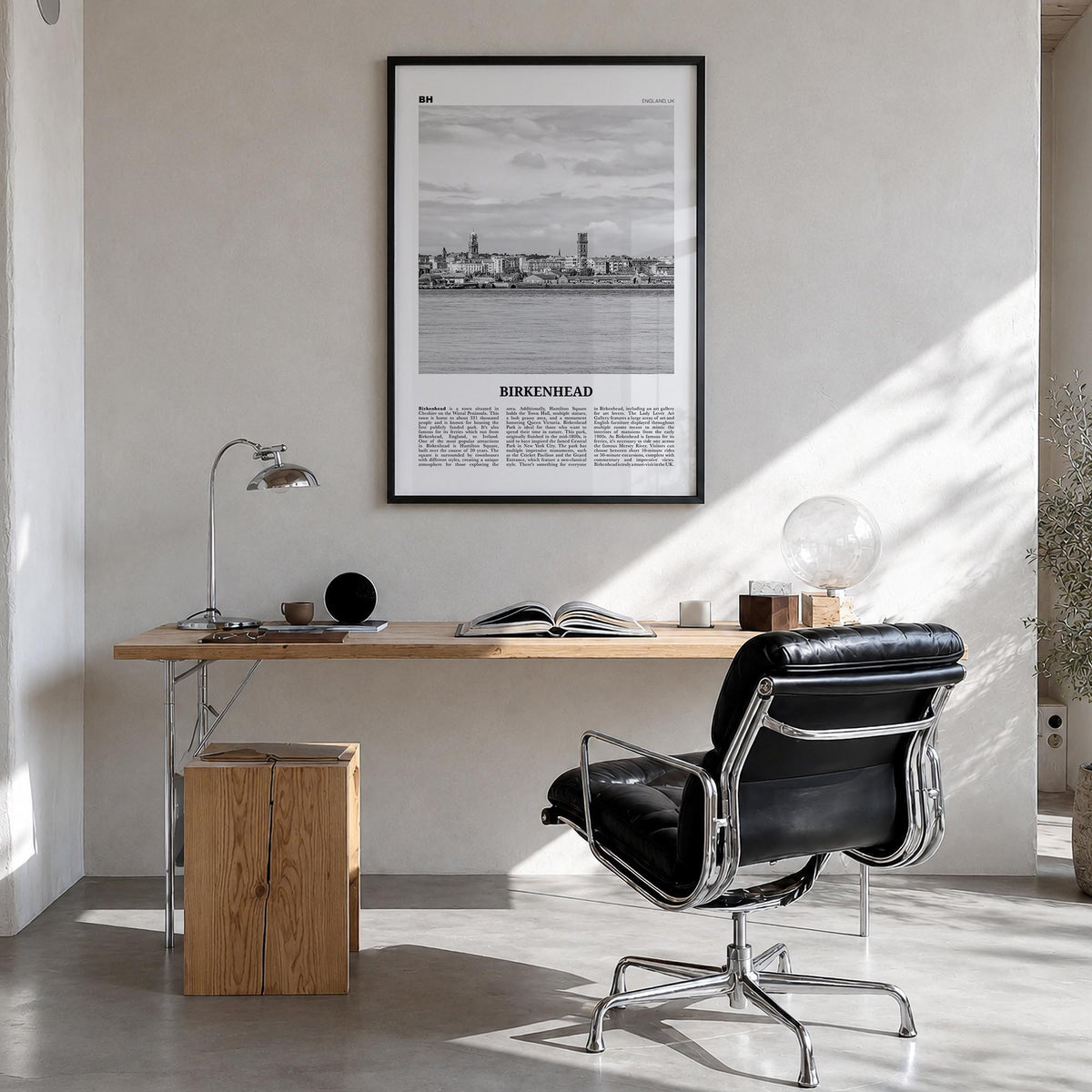Birkenhead black & white newspaper poster of United Kingdom – vertical wall art in black wood frame, hanging on wall