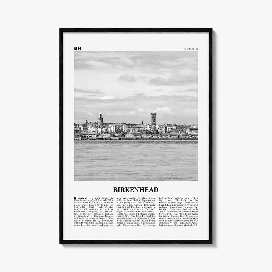Birkenhead black & white newspaper poster of United Kingdom – vertical wall art, unframed print shown in interior mockup
