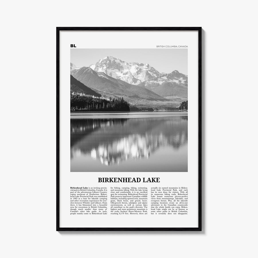 Birkenhead Lake black & white newspaper poster of Canada – vertical wall art, unframed print shown in interior mockup
