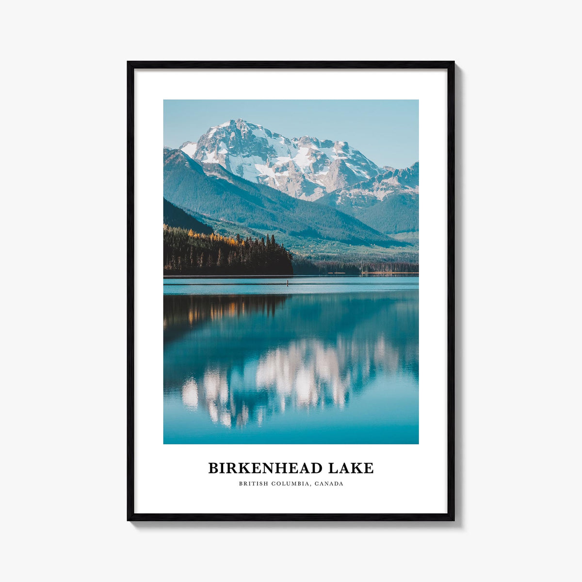 Birkenhead Lake colorful classic poster of Canada – vertical wall art, unframed print shown in interior mockup