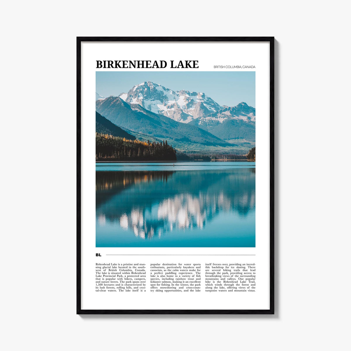 Birkenhead Lake colorful travel poster of Canada – vertical wall art, unframed print shown in interior mockup