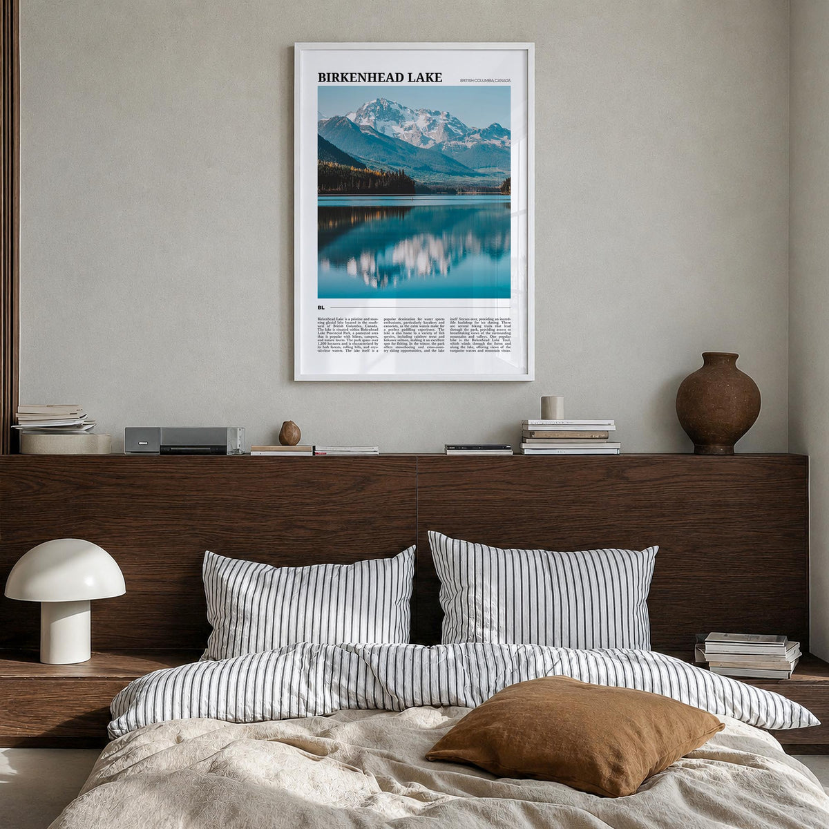 Birkenhead Lake colorful travel poster of Canada – vertical wall art in white wood frame, hanging on wall
