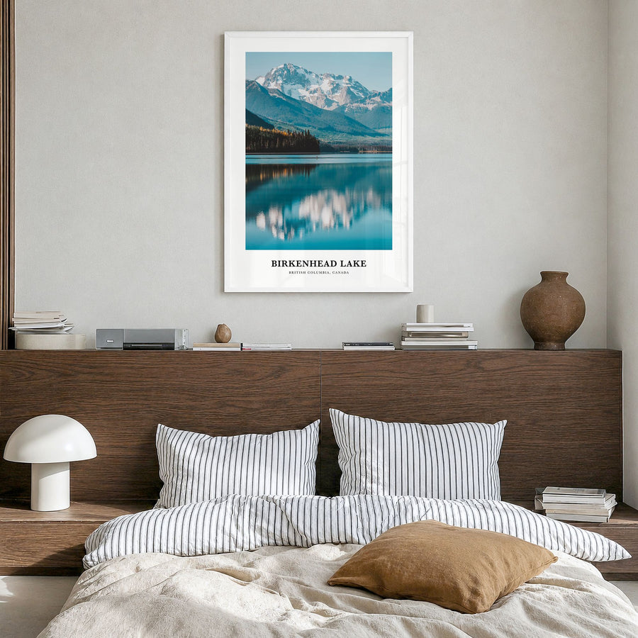 Birkenhead Lake Classic Poster in a white wood frame, hanging in a bedroom