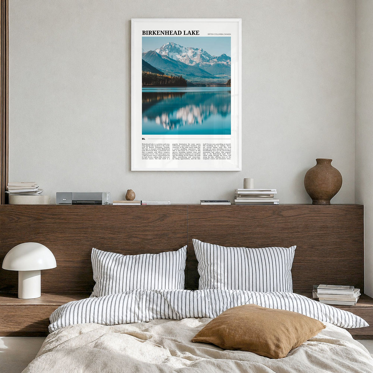 Birkenhead Lake Travel Poster in a white wood frame, hanging in a bedroom