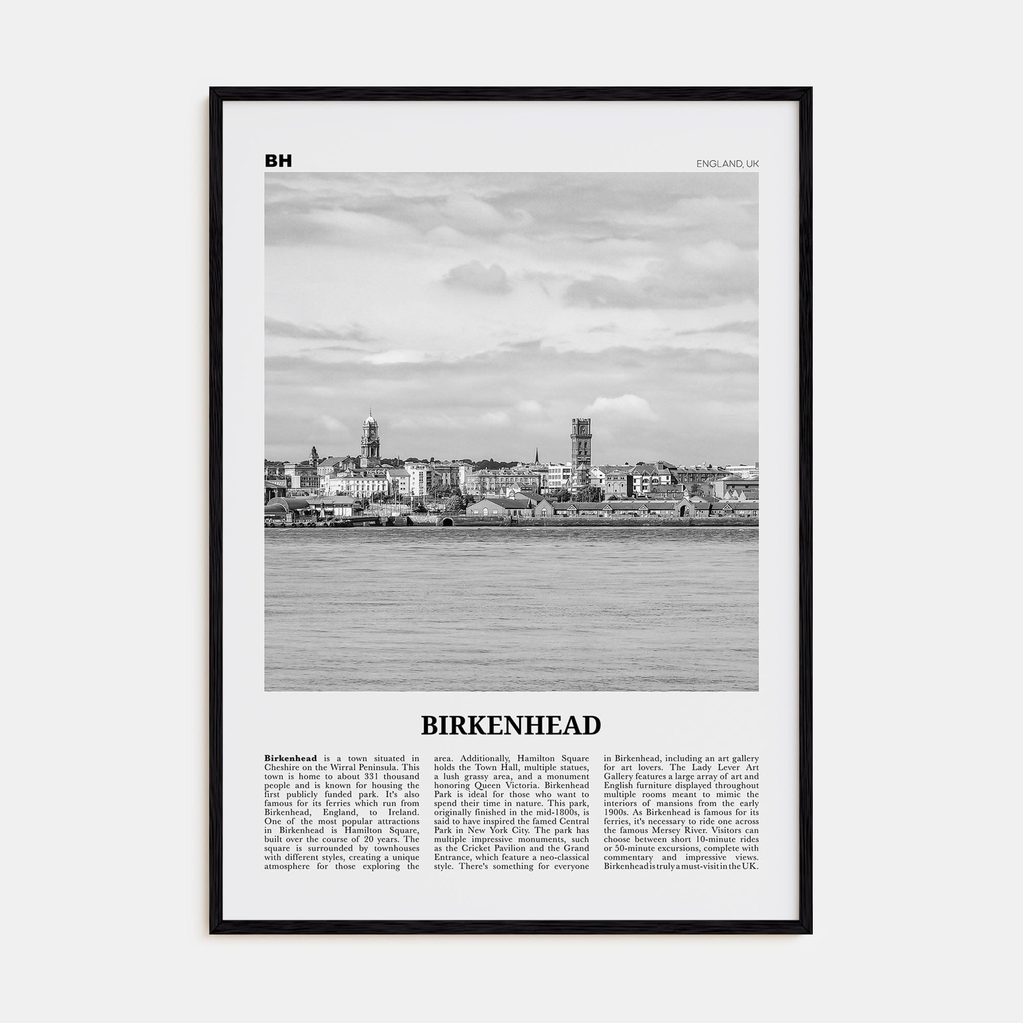 Birkenhead Poster Black Wood / 8x12 in Nbourhood Travel B&W Poster