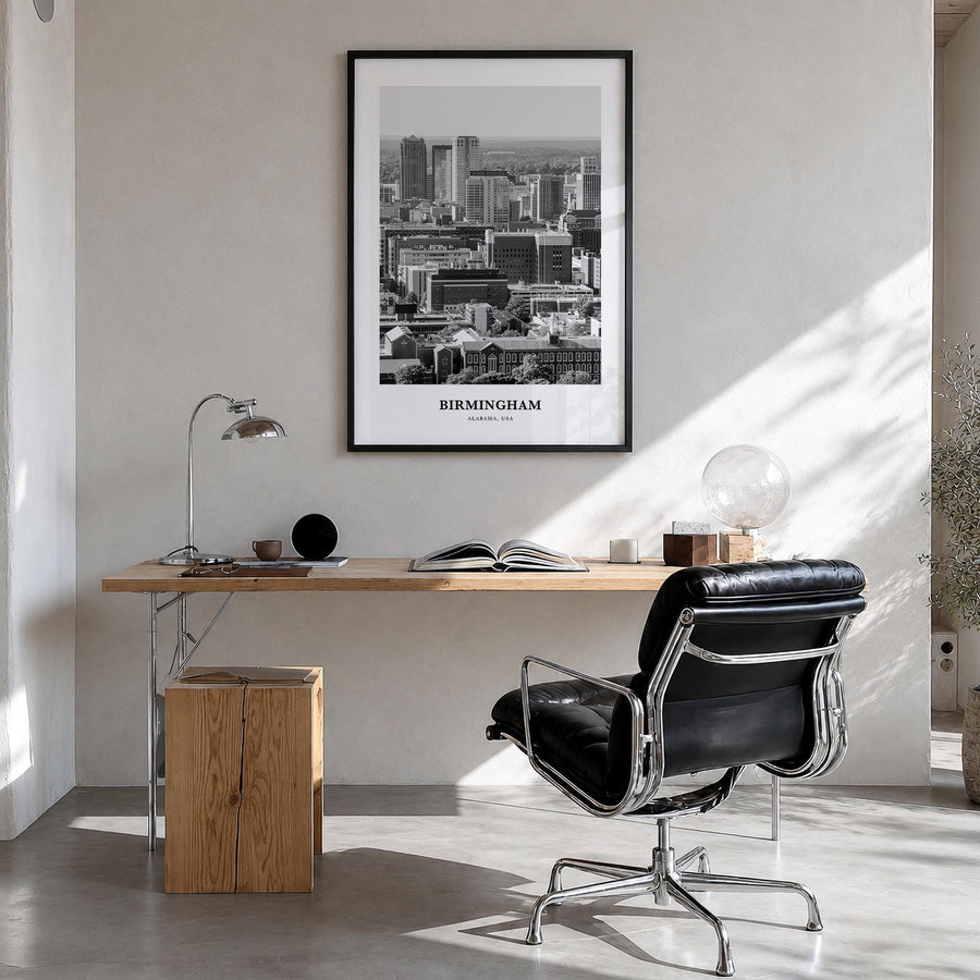 Birmingham, Alabama black & white classic poster of Alabama, USA – vertical wall art in black wood frame, hanging on wall