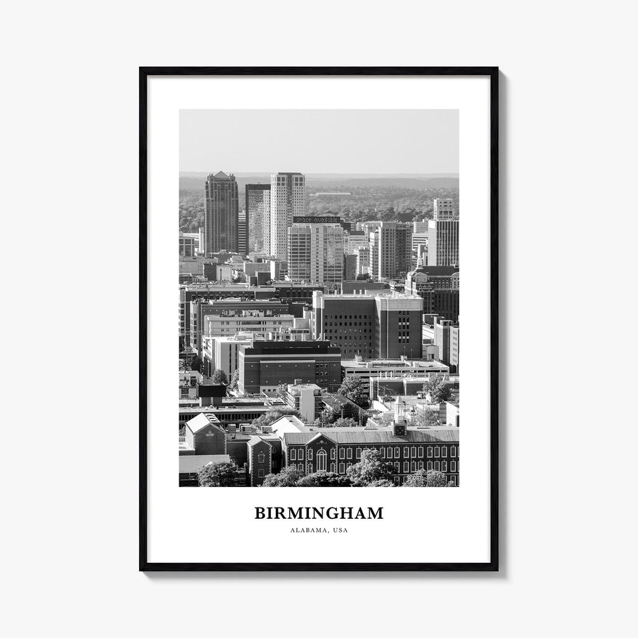 Birmingham, Alabama black & white classic poster of Alabama, USA – vertical wall art, unframed print shown in interior mockup