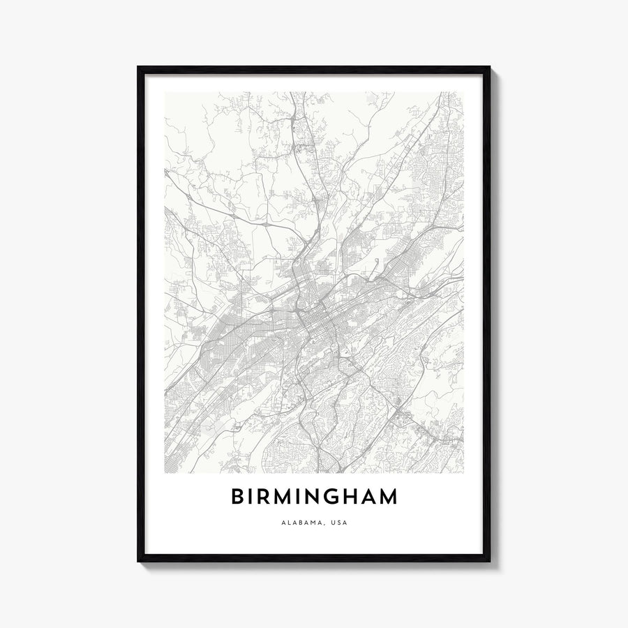 Birmingham, Alabama black & white map poster of Alabama, USA – vertical wall art, unframed print shown in interior mockup