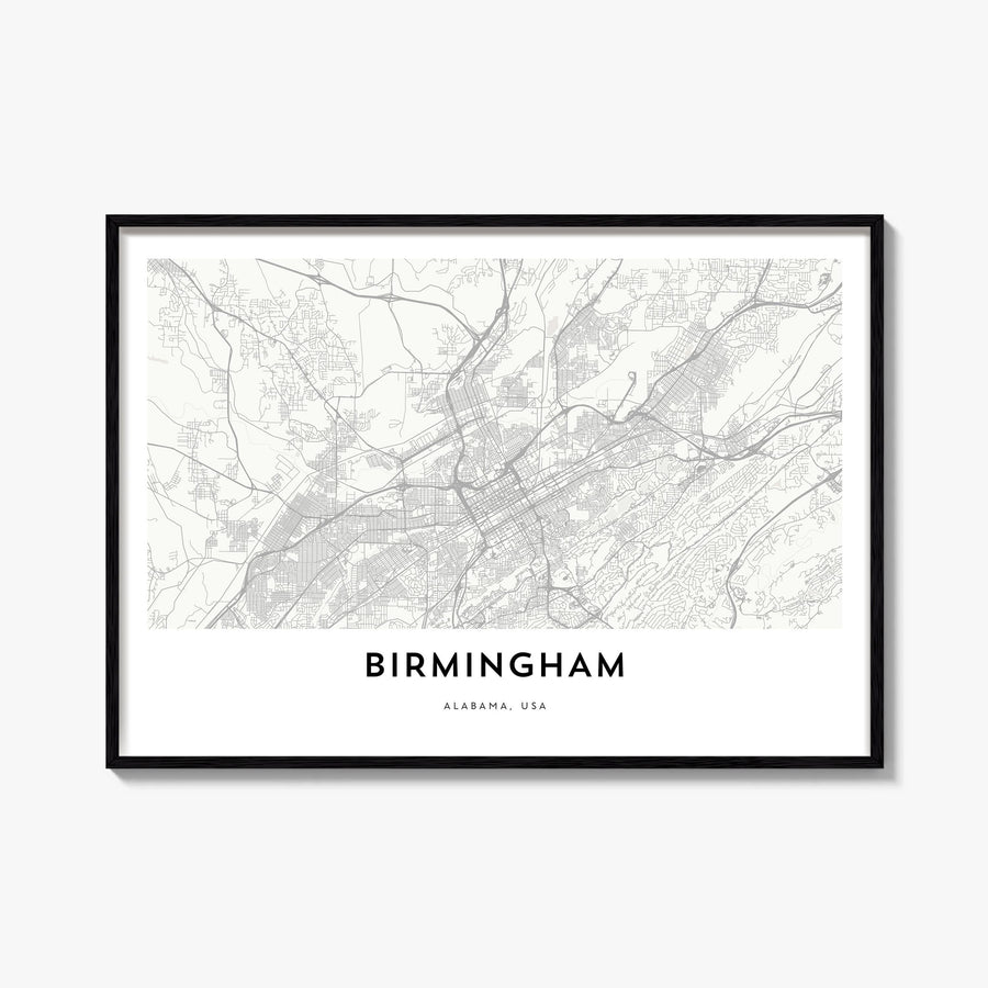Birmingham, Alabama black & white map poster of Alabama, USA – horizontal wall art, unframed print shown in interior mockup