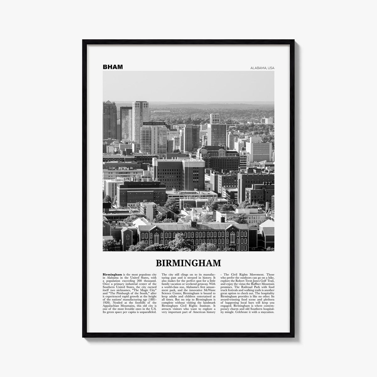 Birmingham, Alabama black & white newspaper poster of Alabama, USA – vertical wall art, unframed print shown in interior mock