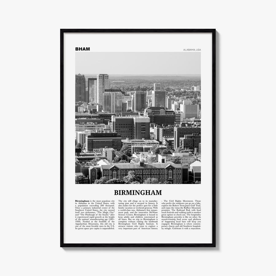 Birmingham, Alabama black & white newspaper poster of Alabama, USA – vertical wall art, unframed print shown in interior mock
