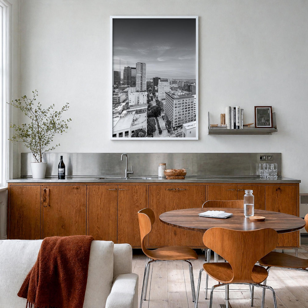 Birmingham, Alabama black & white photo poster of Alabama, USA – vertical wall art in white wood frame, hanging on wall
