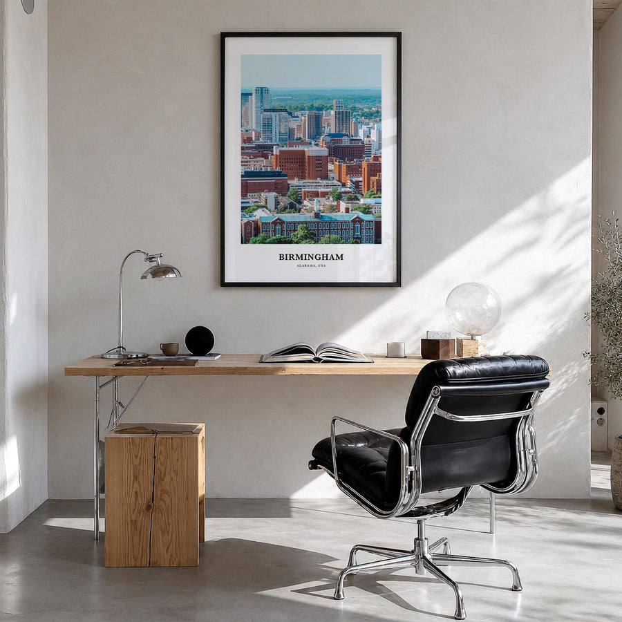 Birmingham, Alabama colorful classic poster of Alabama, USA – vertical wall art in black wood frame, hanging on wall