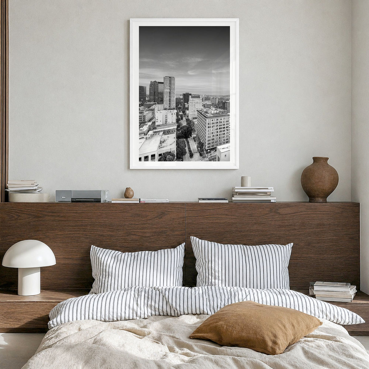Birmingham, Alabama Photo Poster in a white wood frame, hanging in a bedroom, white border