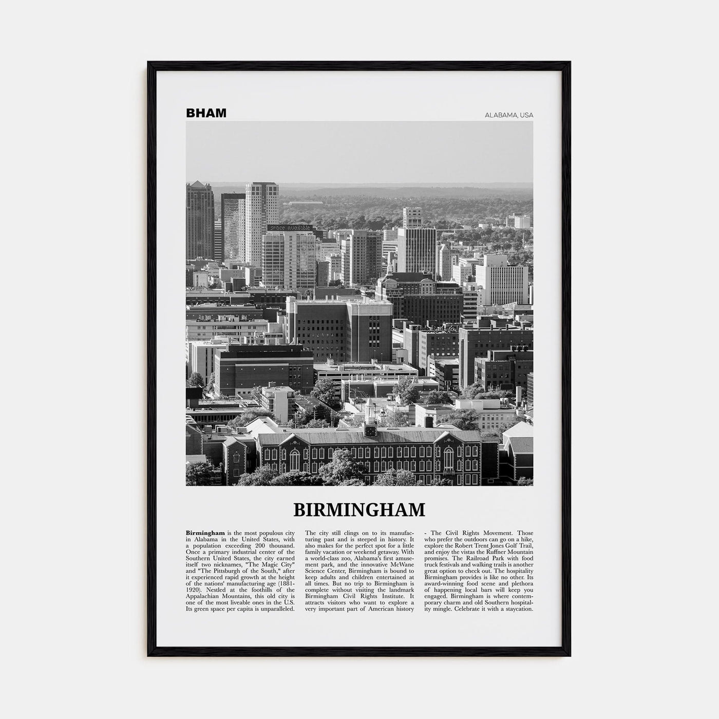 Birmingham, Alabama Poster Black Wood / 8x12 in Nbourhood Travel B&W Poster