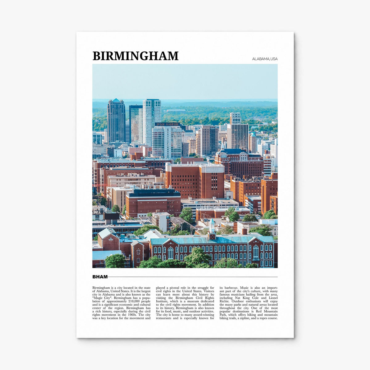Birmingham, Alabama Travel Poster, print only (unframed)