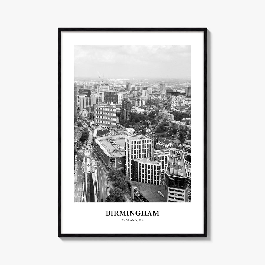 Birmingham, England black & white classic poster of United Kingdom – vertical wall art, unframed print shown in interior mock