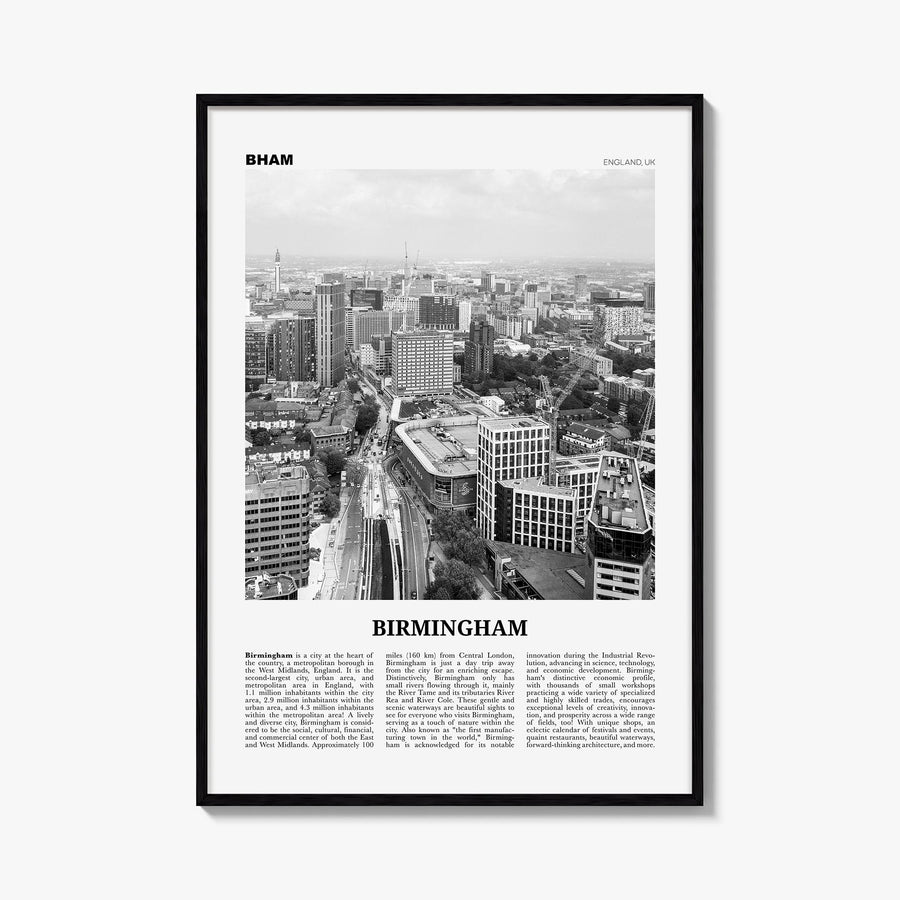 Birmingham, England black & white newspaper poster of United Kingdom – vertical wall art, unframed print shown in interior mo
