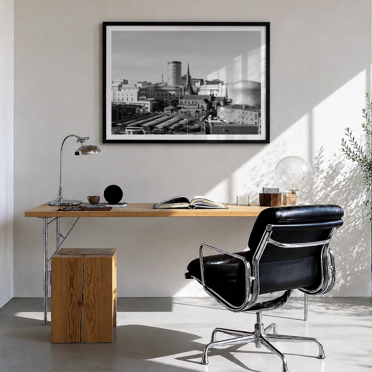 Birmingham, England black & white photo poster of United Kingdom – horizontal wall art in black wood frame with white border,
