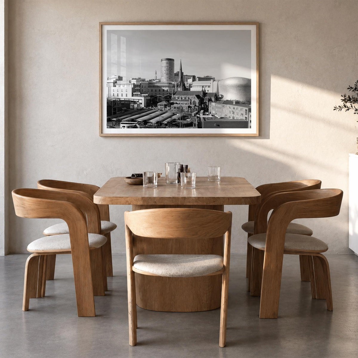 Birmingham, England black & white photo poster of United Kingdom – horizontal wall art in natural wood frame with white borde