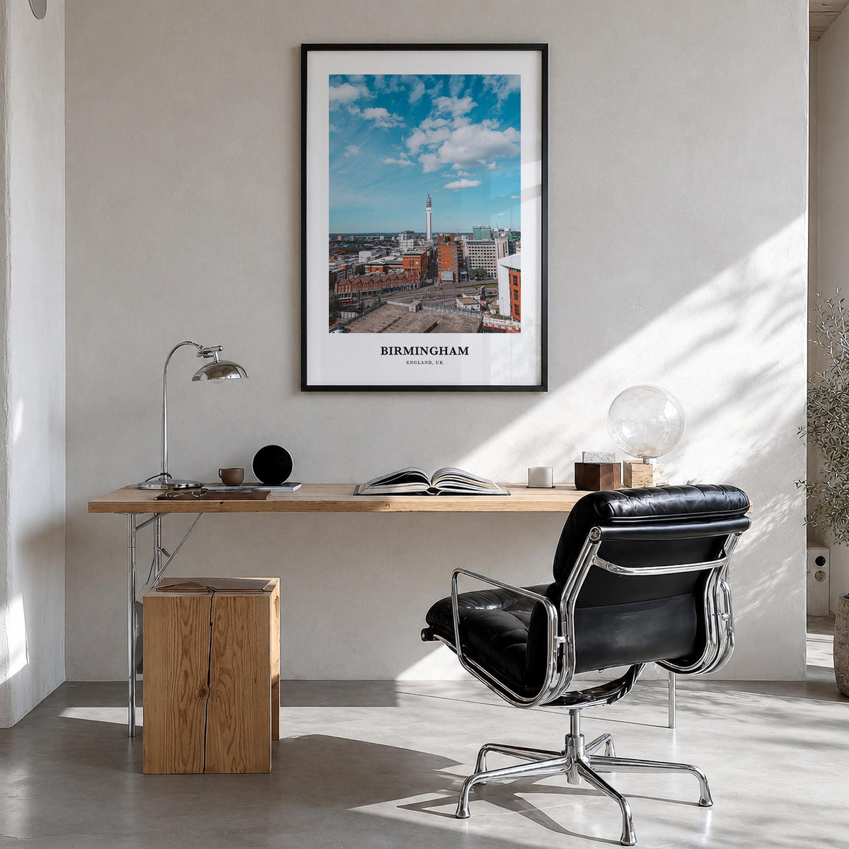 Birmingham, England colorful classic poster of United Kingdom – vertical wall art in black wood frame, hanging on wall