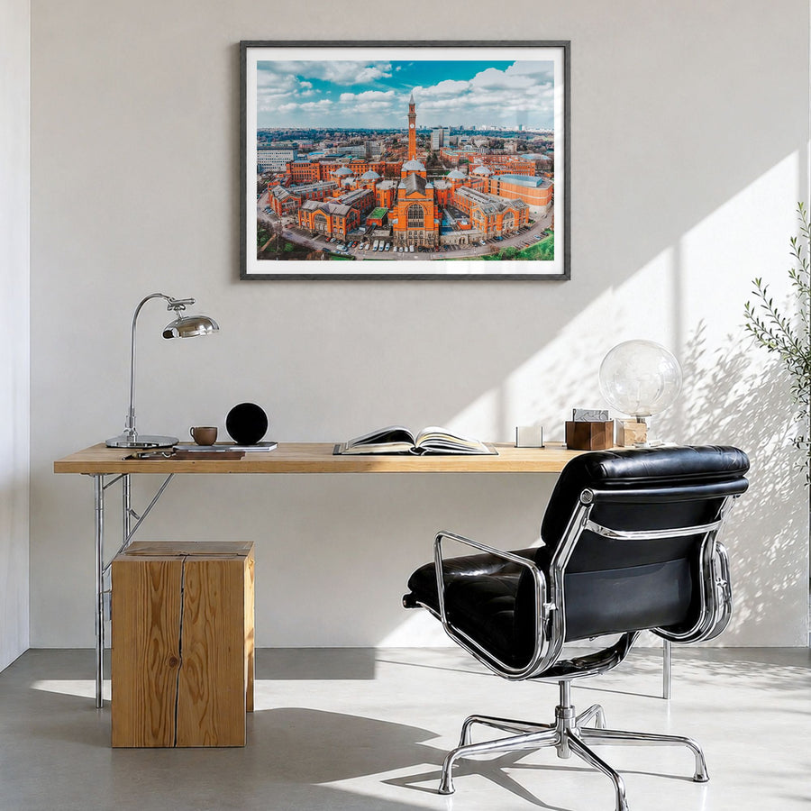 Birmingham, England Photo Poster in a black wood frame, hanging in a bright home office, white border