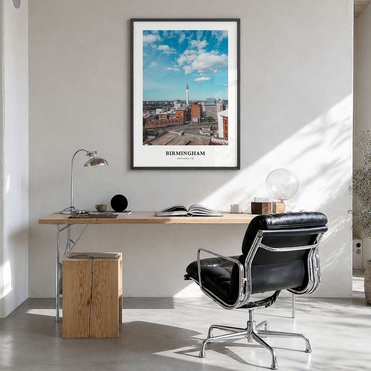 Birmingham, England Classic Poster in a black wood frame, hanging in a bright home office