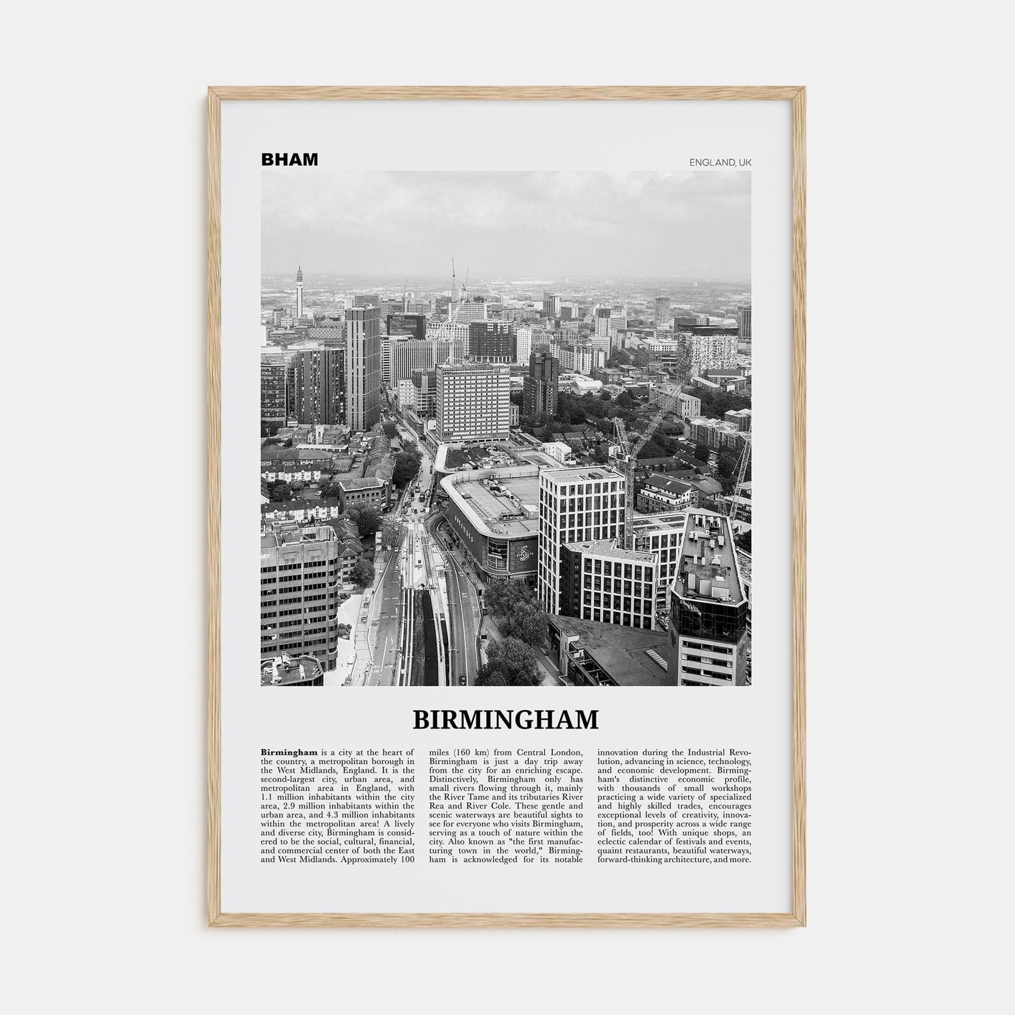 Birmingham, England Poster Natural Wood / 8x12 in Nbourhood Travel B&W Poster