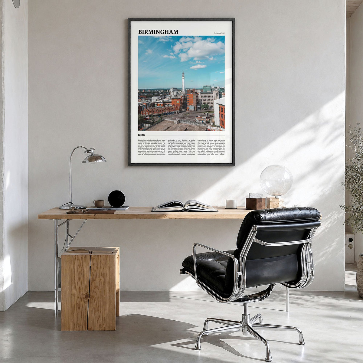 Birmingham, England Travel Poster in a black wood frame, hanging in a bright home office