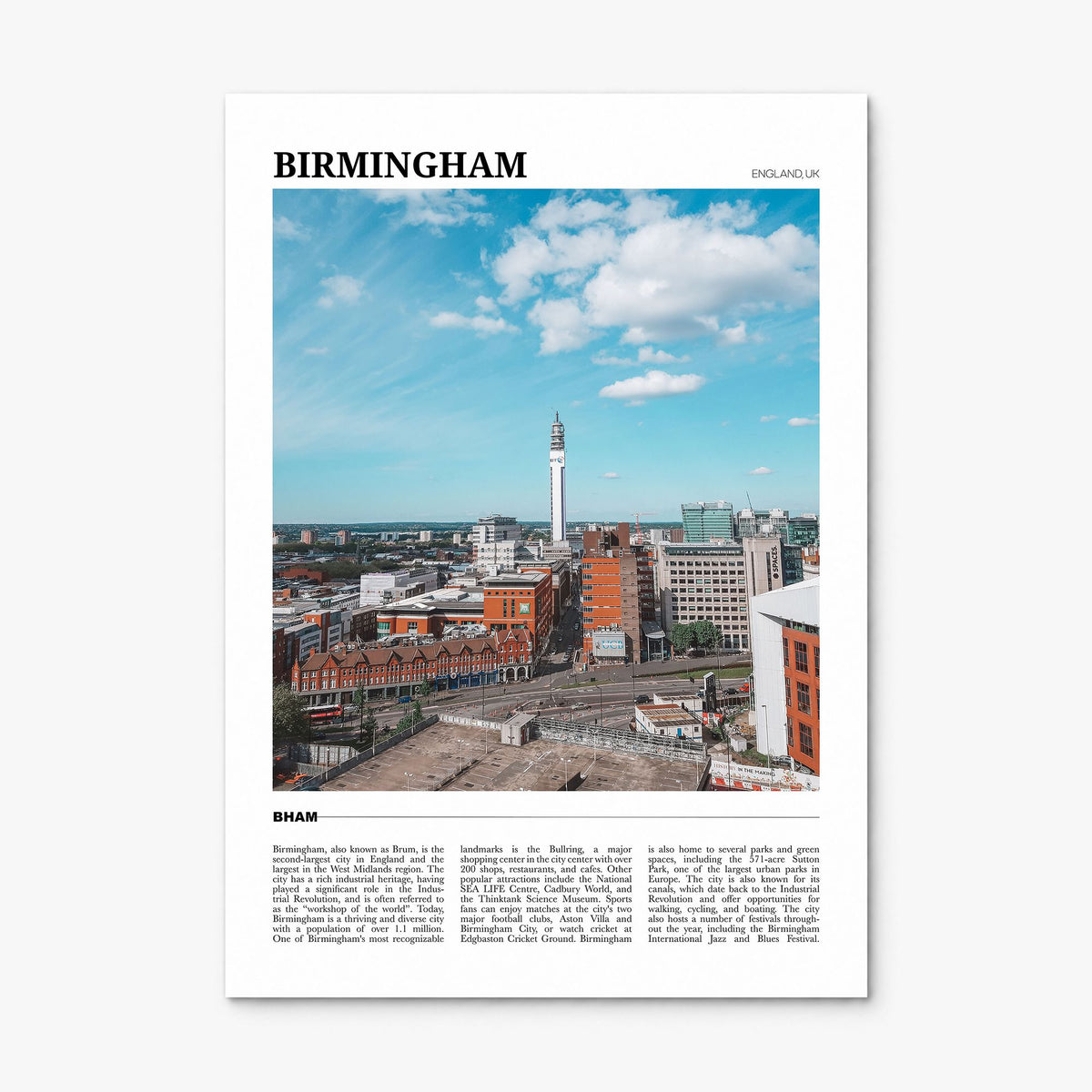 Birmingham, England Travel Poster, print only (unframed)