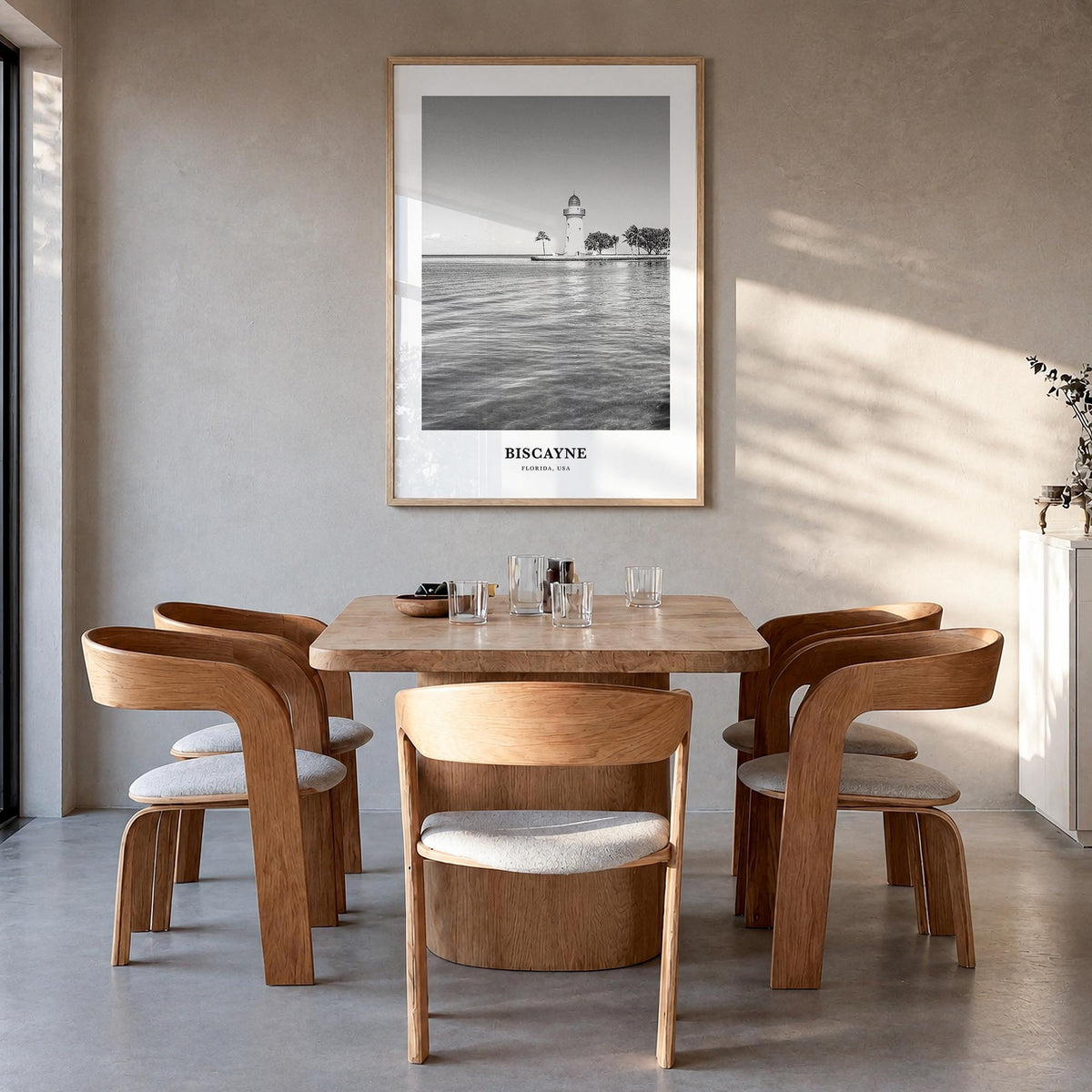 Biscayne National Park black & white classic poster of Florida, USA – vertical wall art in natural wood frame, hanging on wal