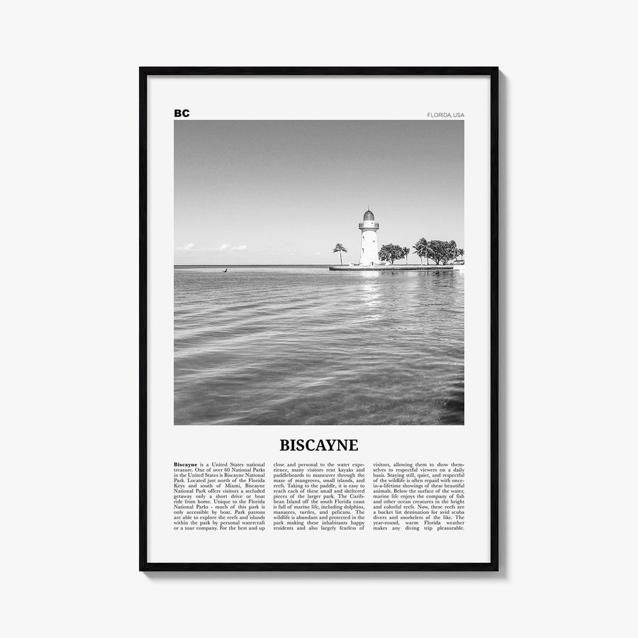 Biscayne National Park black & white newspaper poster of Florida, USA – vertical wall art, unframed print shown in interior m
