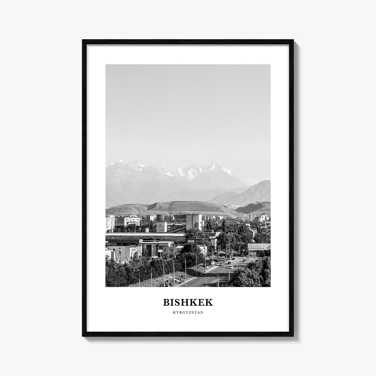 Bishkek black & white classic poster of Kyrgyzstan – vertical wall art, unframed print shown in interior mockup