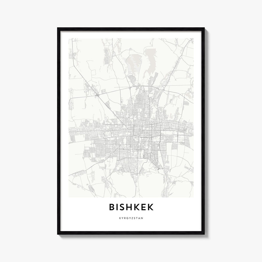 Bishkek black & white map poster of Kyrgyzstan – vertical wall art, unframed print shown in interior mockup