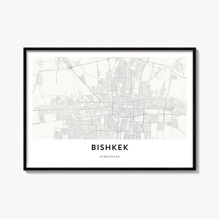 Bishkek black & white map poster of Kyrgyzstan – horizontal wall art, unframed print shown in interior mockup