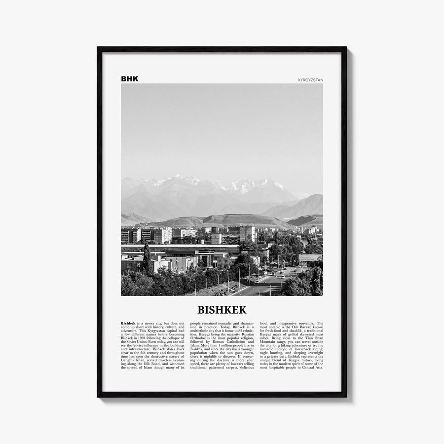 Bishkek black & white newspaper poster of Kyrgyzstan – vertical wall art, unframed print shown in interior mockup