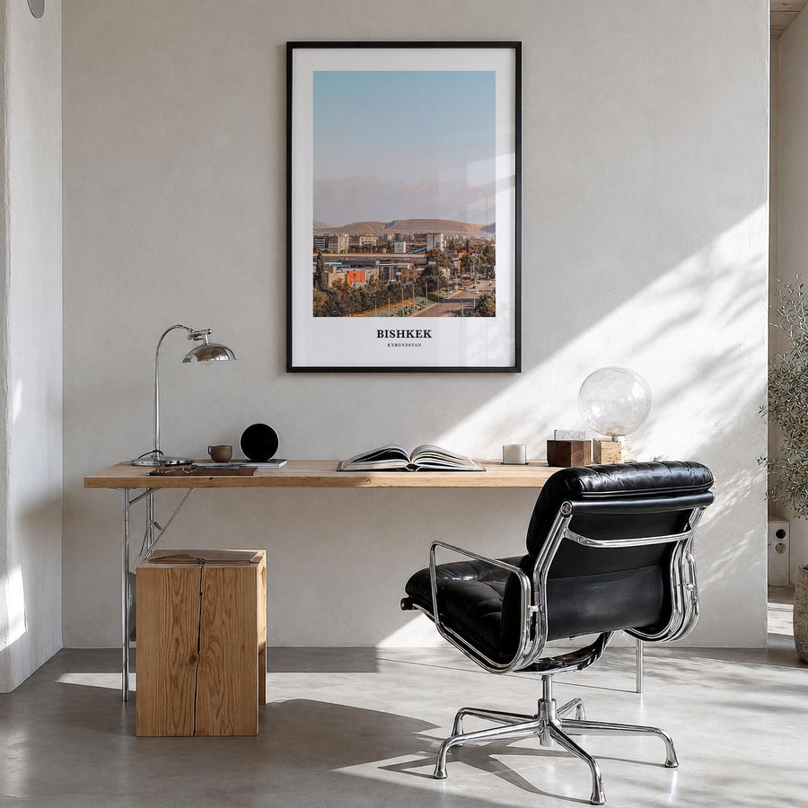 Bishkek colorful classic poster of Kyrgyzstan – vertical wall art in black wood frame, hanging on wall