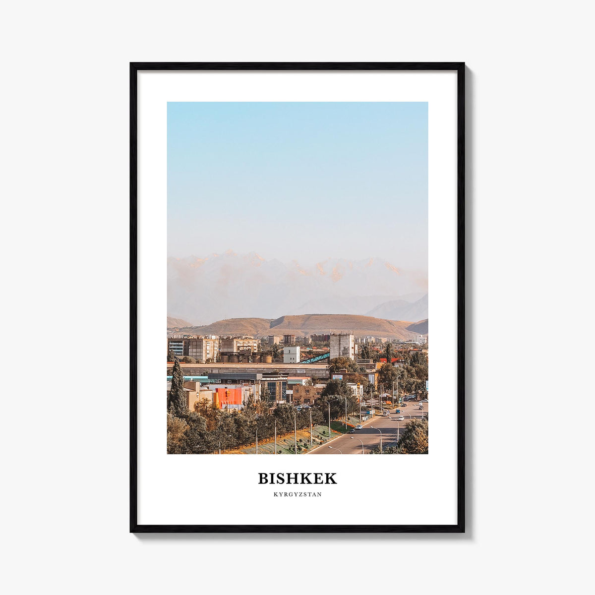 Bishkek colorful classic poster of Kyrgyzstan – vertical wall art, unframed print shown in interior mockup